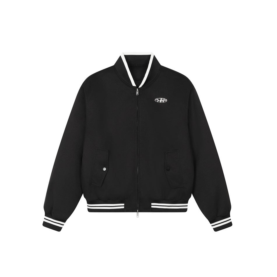 Black zip-front bomber jacket with white-striped ribbed collar, cuffs and hem, flap pockets and a small metal emblem