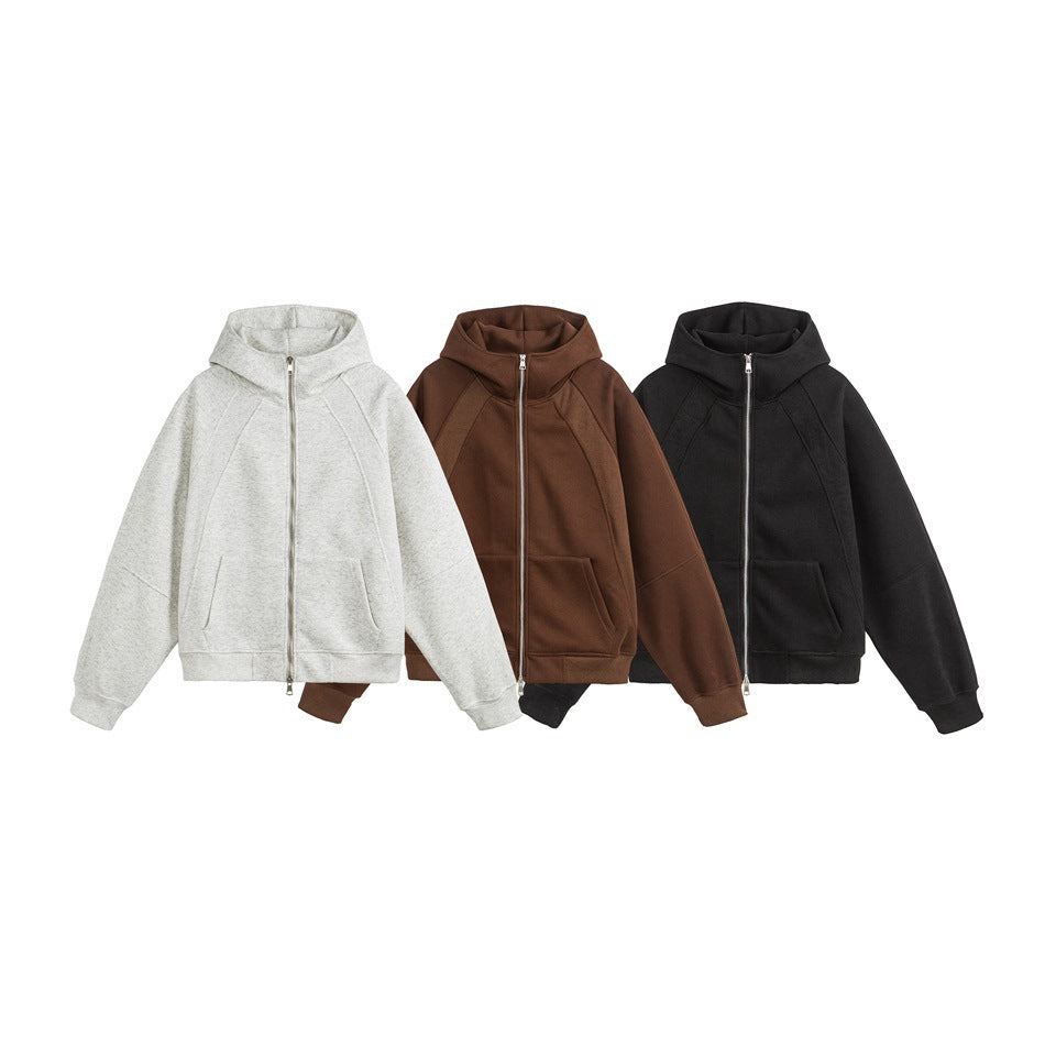Three front-facing zip hoodies shown together in light gray, brown, and black.