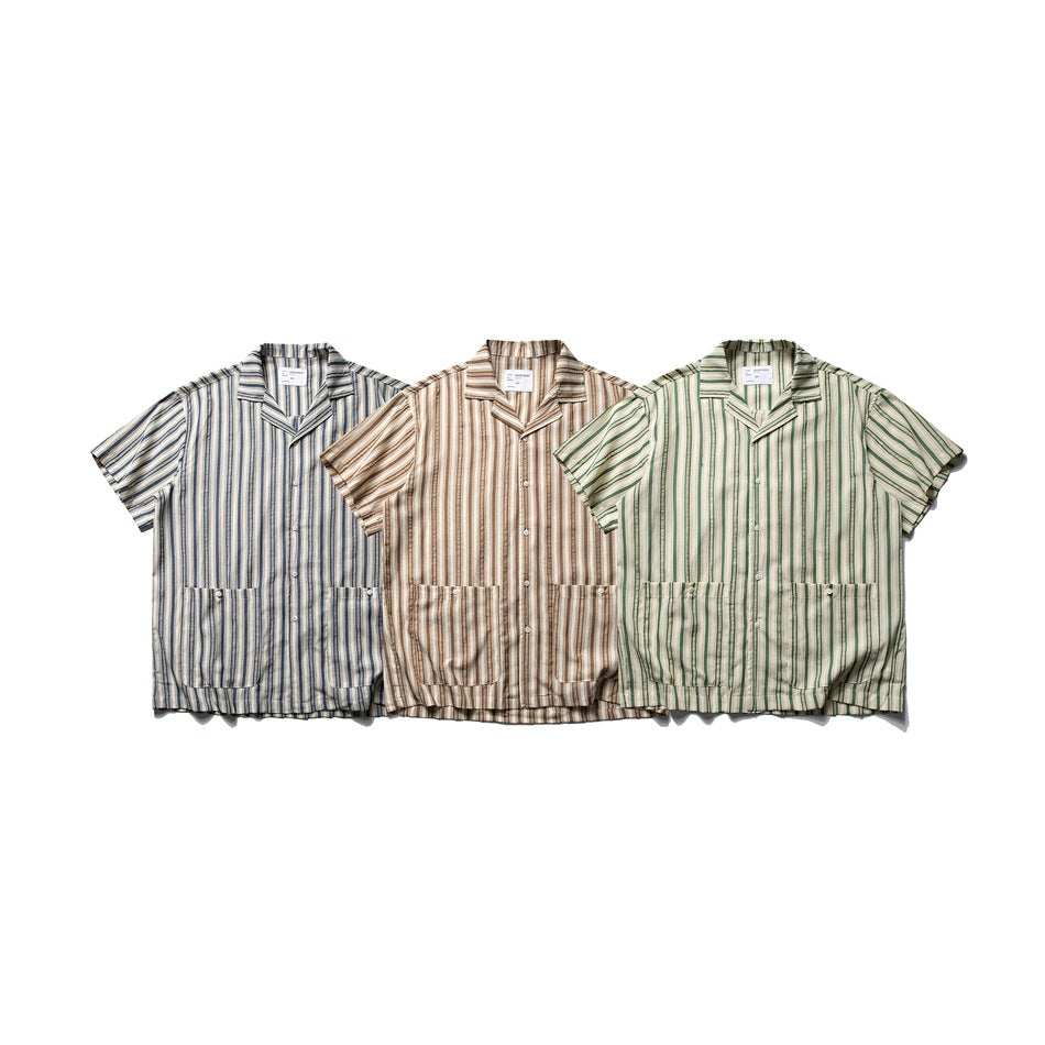 Three short-sleeve striped shirts shown from the front in blue, tan, and green colorways.