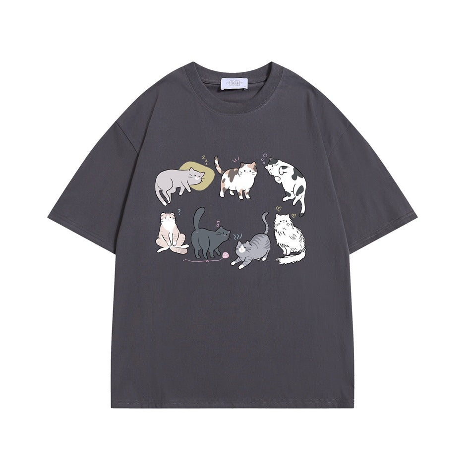 Gray short-sleeve crew-neck T-shirt with a front graphic of seven illustrated cats in various poses