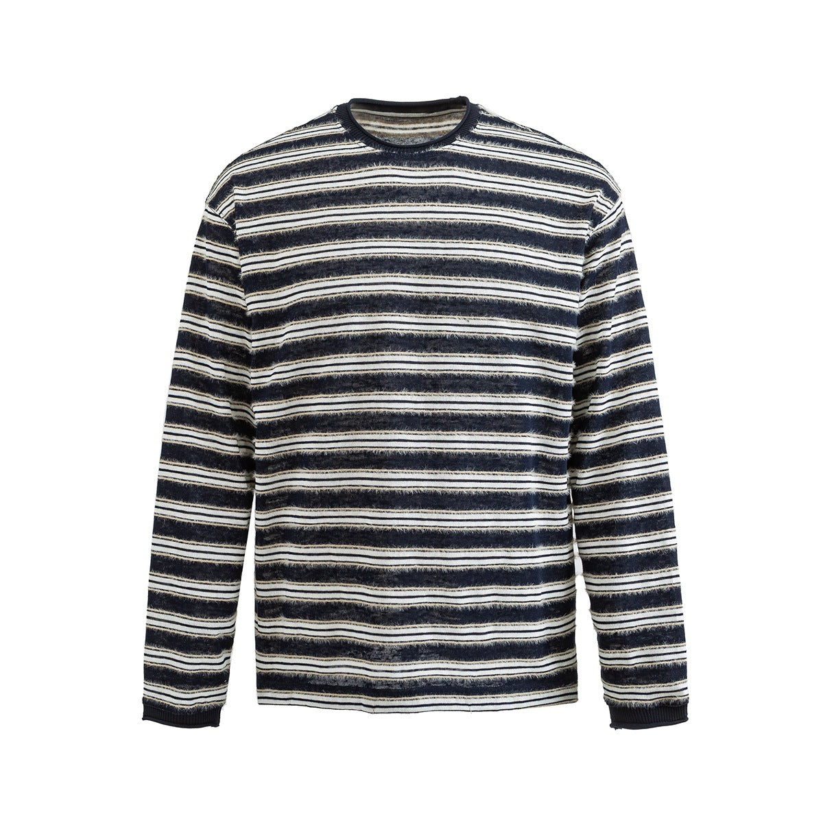 Navy, white and tan striped long-sleeve crew-neck top with navy rolled neckline and cuffs, flat front view