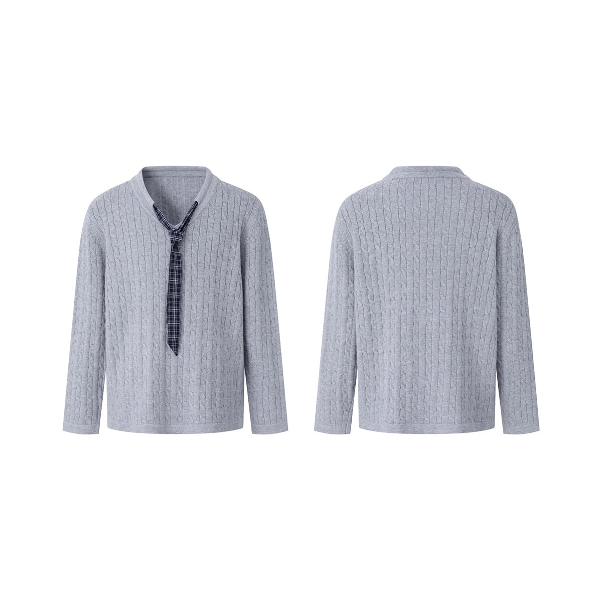 Light gray long-sleeve cable-knit sweater shown from front and back, with a dark plaid tie detail at the neckline.