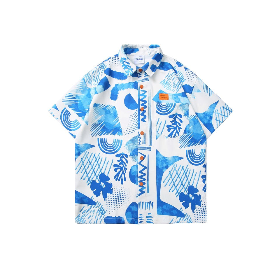 Blue and white abstract print short-sleeve button-up shirt with chest pocket and orange label, flat lay