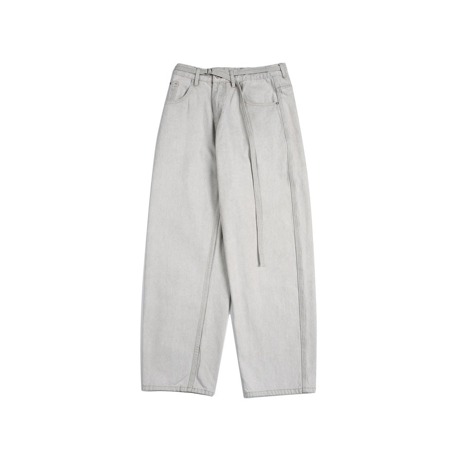 Front view of light gray wide-leg jeans with front pockets, belt loops and a long matching belt.