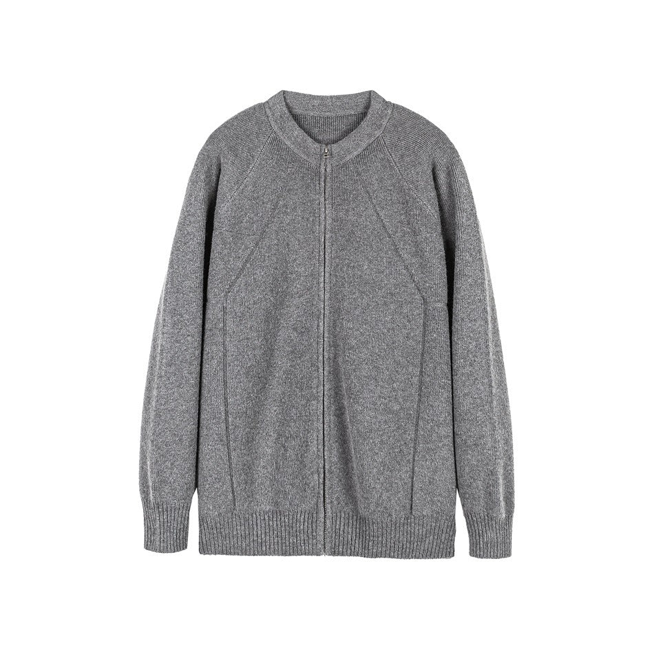 Heather gray knit zip-front cardigan sweater with ribbed round neck, raglan sleeves and ribbed hem, flat front view