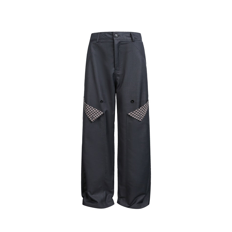 Dark gray wide-leg trousers flat lay, front view with triangular plaid panels and buttons on the thighs