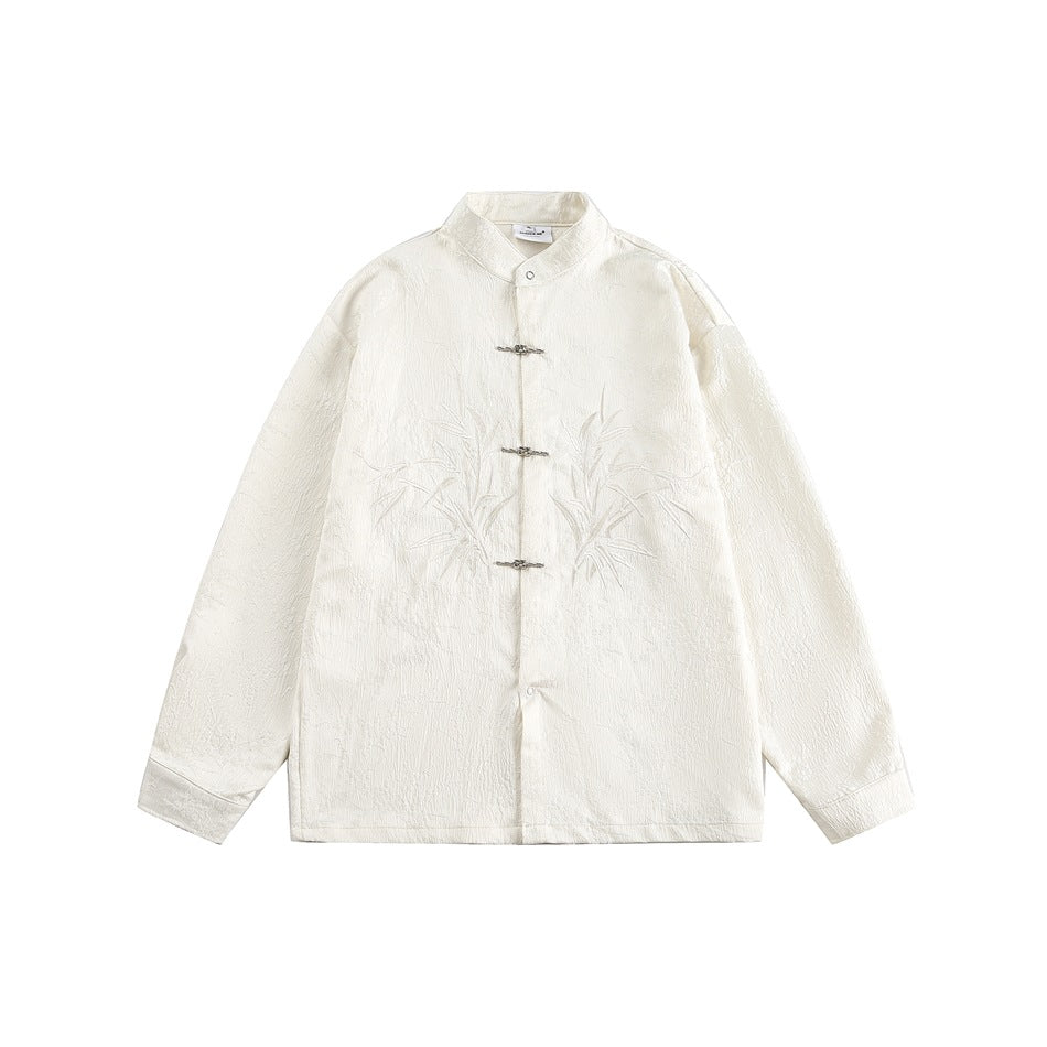 Off-white stand-collar long-sleeve shirt with three metal knot closures and tonal embroidered bamboo, flat front view