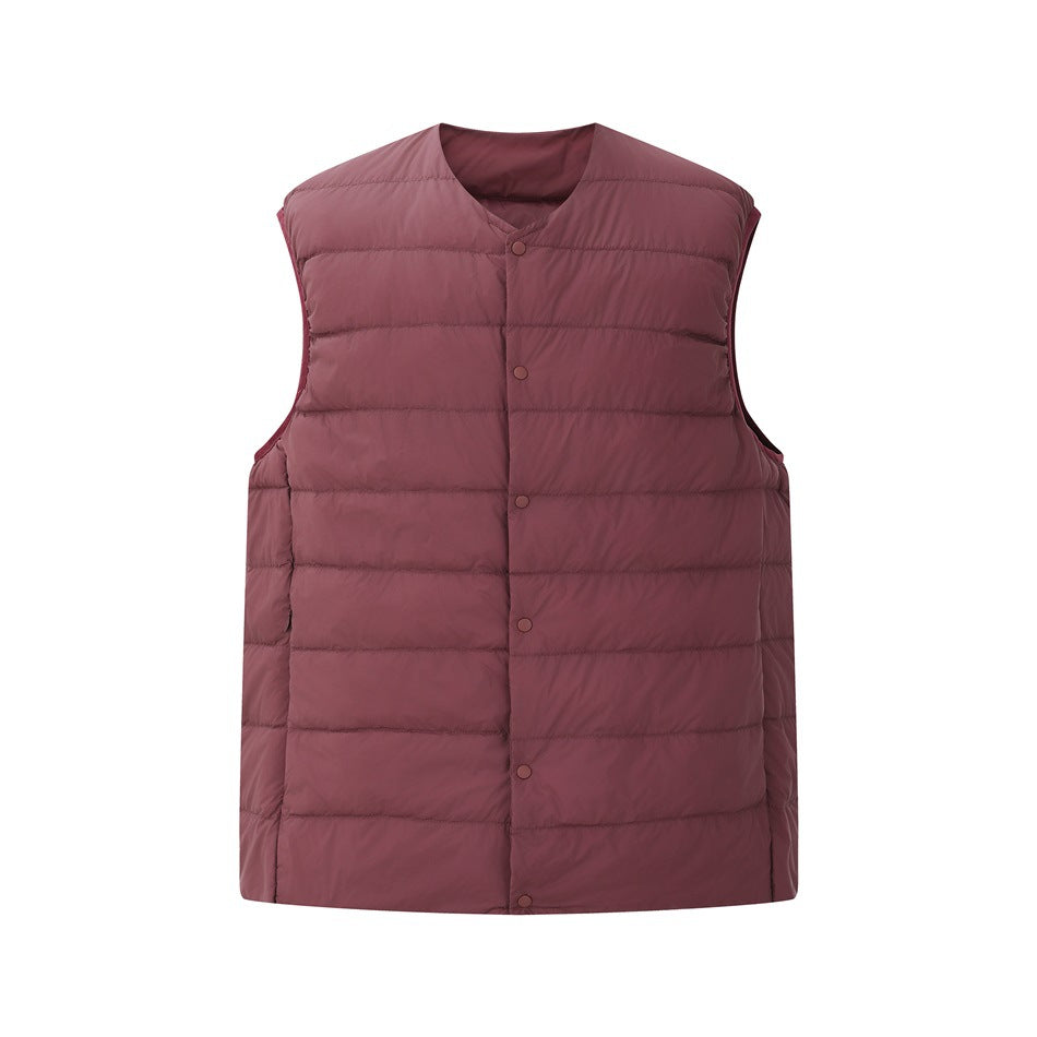 Burgundy quilted sleeveless vest with collarless neckline and snap-button front, shown flat from the front