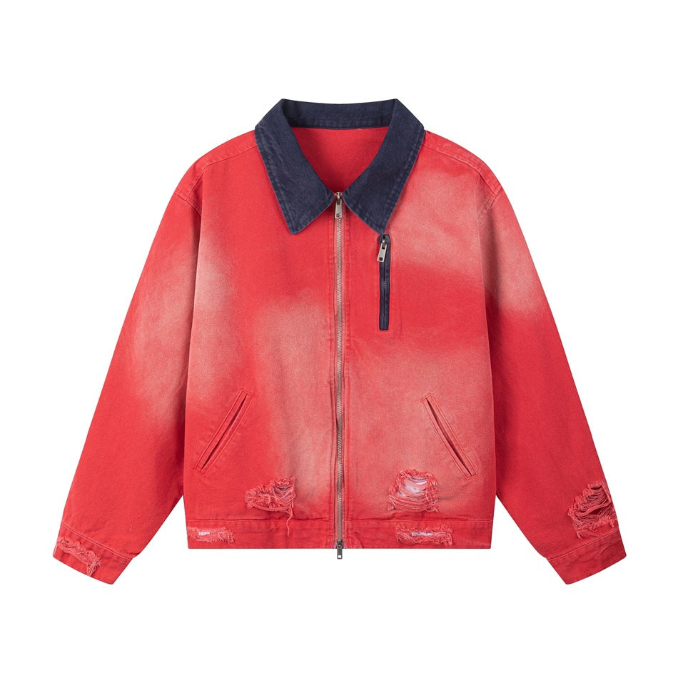 Red faded zip-front jacket with navy collar, ripped hem and cuff details, flat lay front view