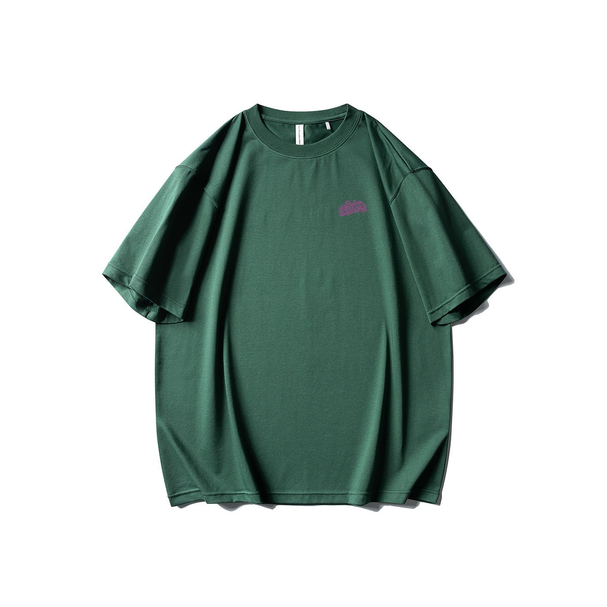 Green crew-neck short-sleeve T-shirt front view with small purple chest logo