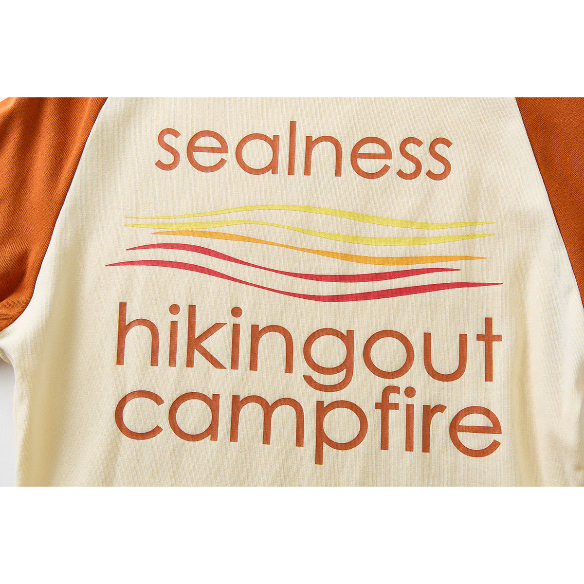 Close-up of a cream and rust raglan shirt's printed text and colorful wavy lines.