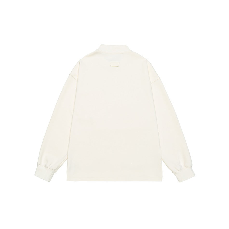 Back view of an ivory long-sleeve crewneck sweatshirt with dropped shoulders and ribbed cuffs.