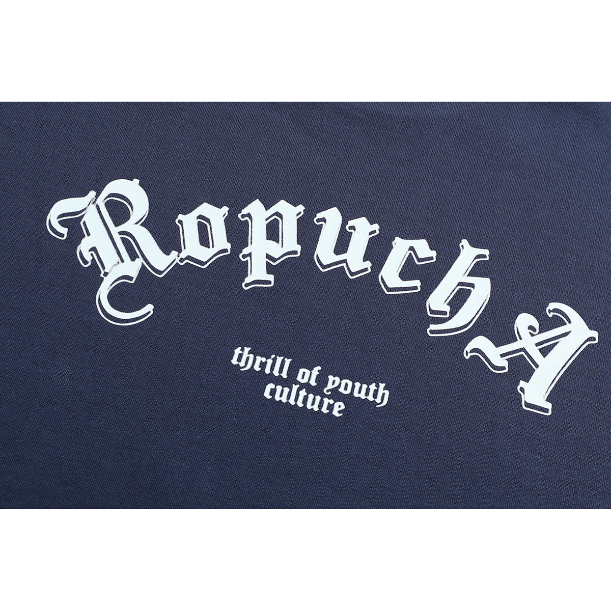 Close-up of a navy T-shirt's white Gothic-style chest lettering and smaller English slogan.