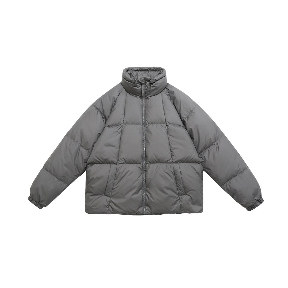 Gray quilted puffer jacket with stand collar and front zipper, flat front view