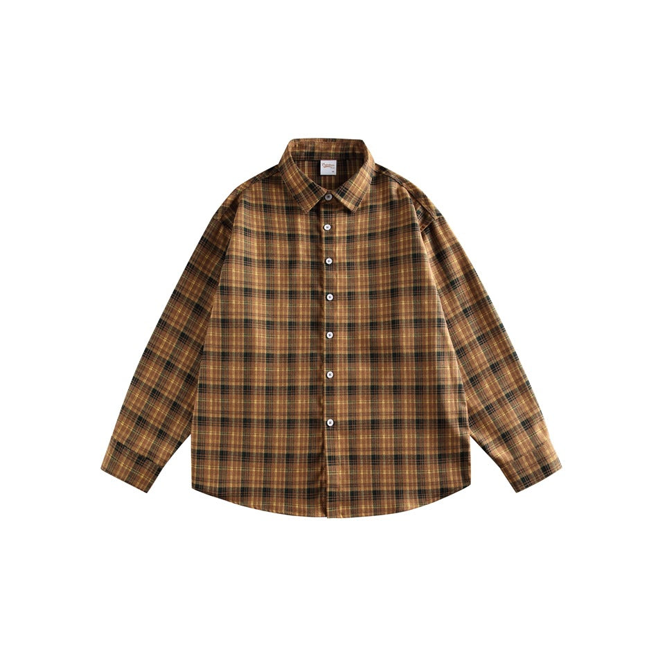 Yellow and brown plaid long-sleeve button-up shirt laid flat, front view with point collar