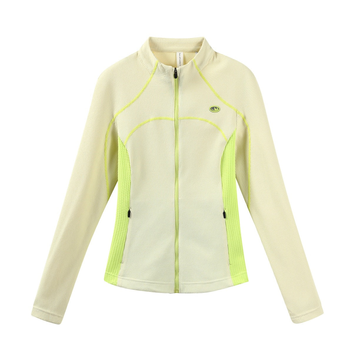 Pale yellow waffle-textured full-zip jacket with lime green side panels, zipper and stitching, flat front view