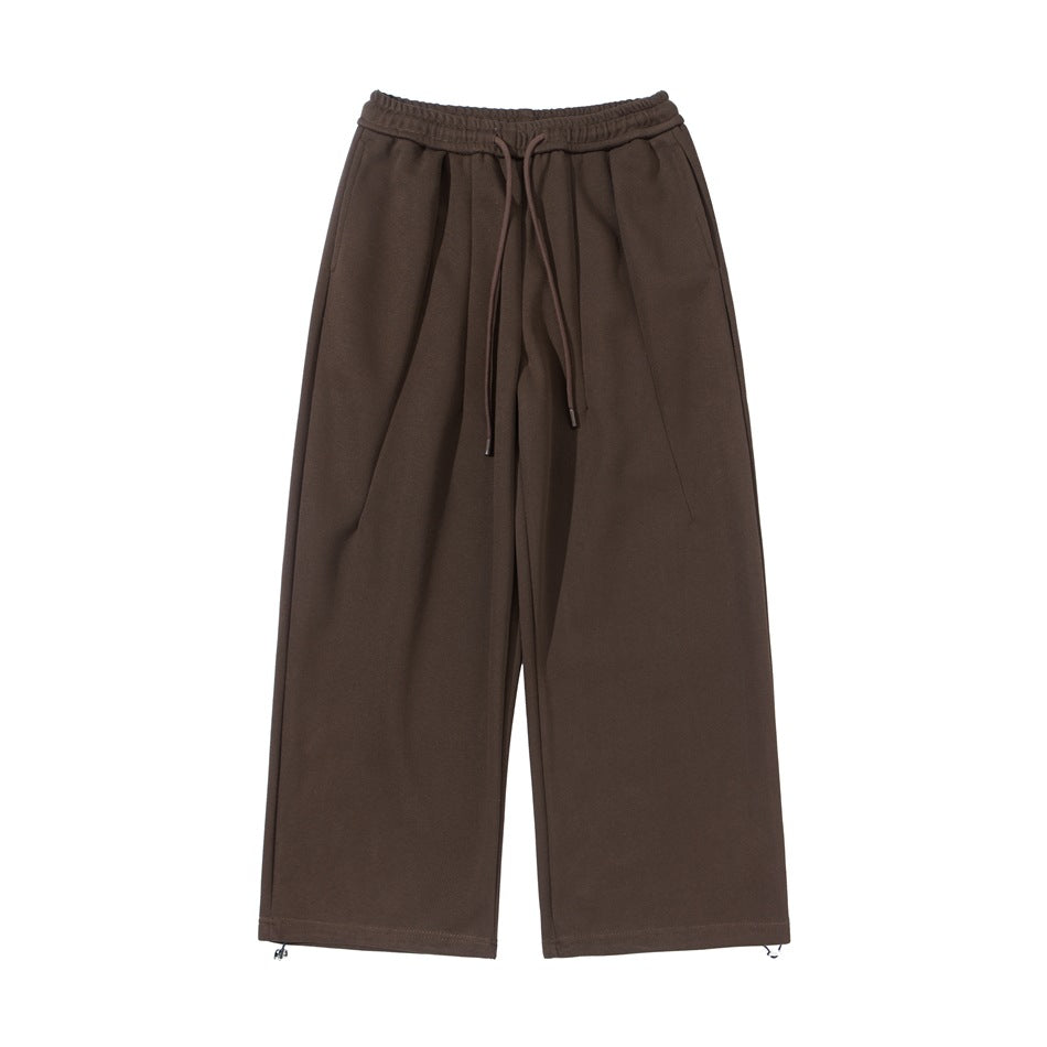 Coffee brown wide-leg drawstring sweatpants, flat front view with elastic waistband and toggle hems