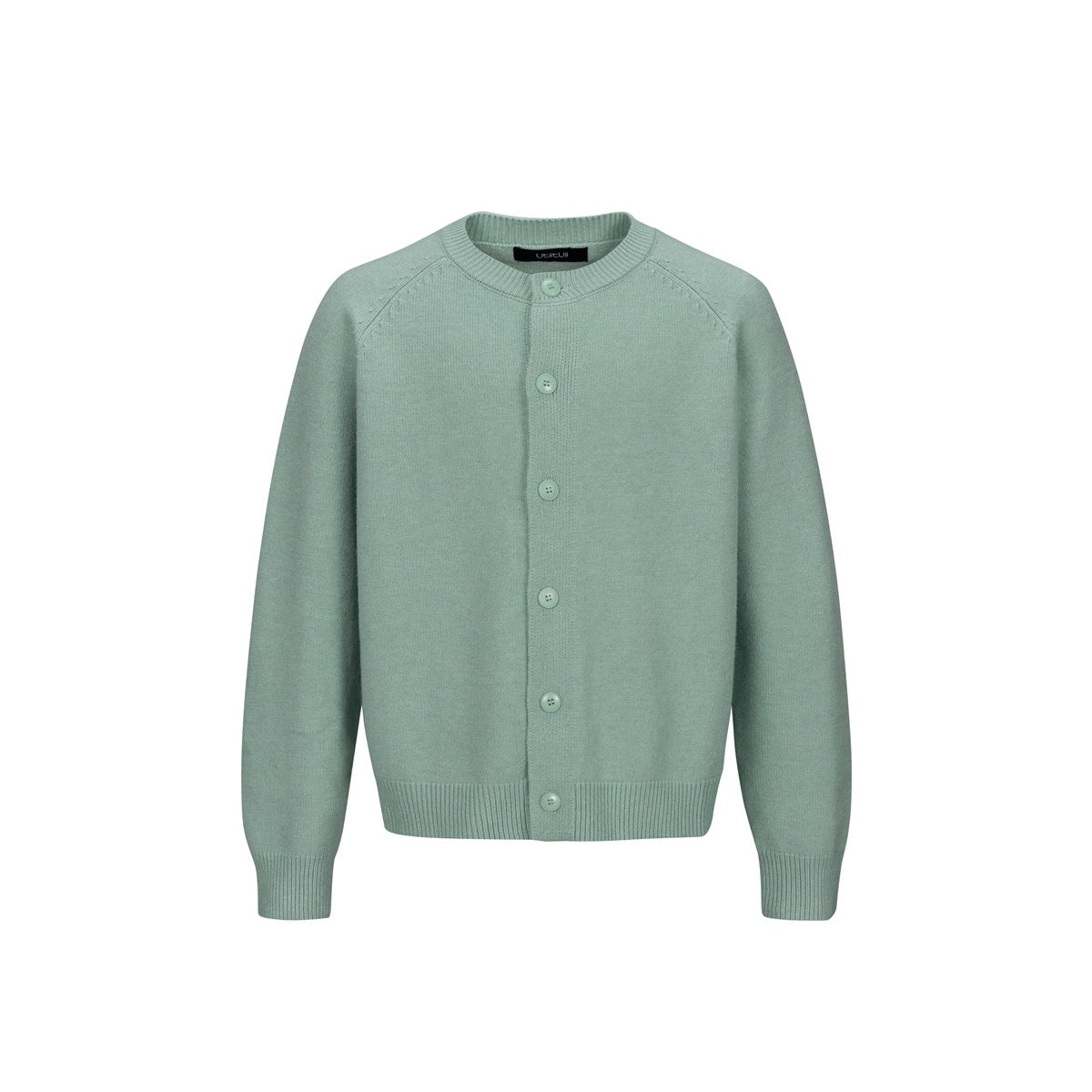 Mint green knit cardigan with round ribbed neckline, front buttons, raglan sleeves and ribbed cuffs and hem, flat front view