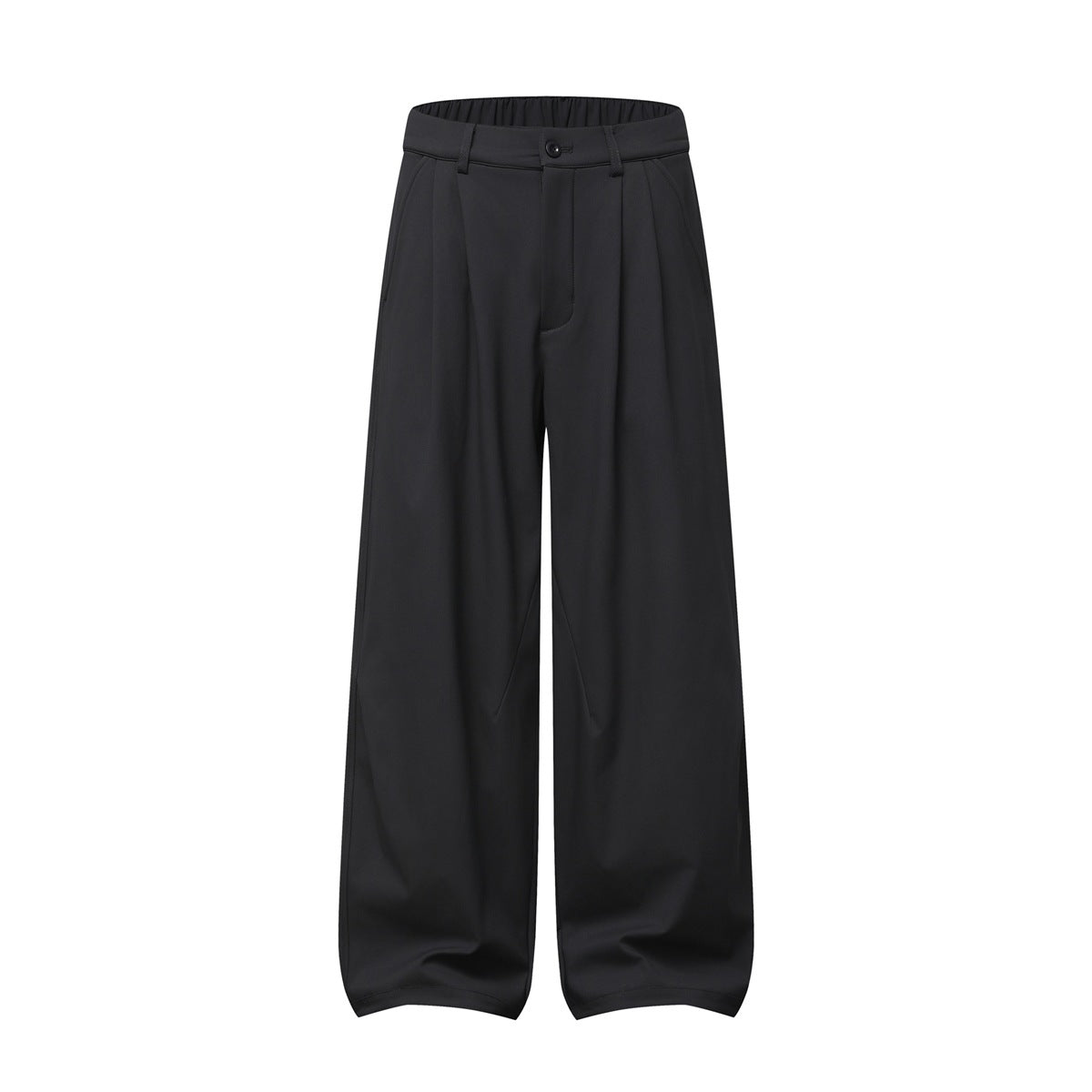 Black wide-leg pleated trousers with button front and elastic waistband, flat front view on a white background