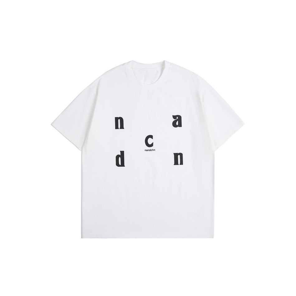 White short-sleeve crew-neck T-shirt with scattered black lowercase letter print on the front