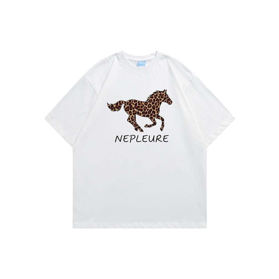 White short-sleeve T-shirt with a leopard-print running horse graphic and black NEPLEURE text on the front