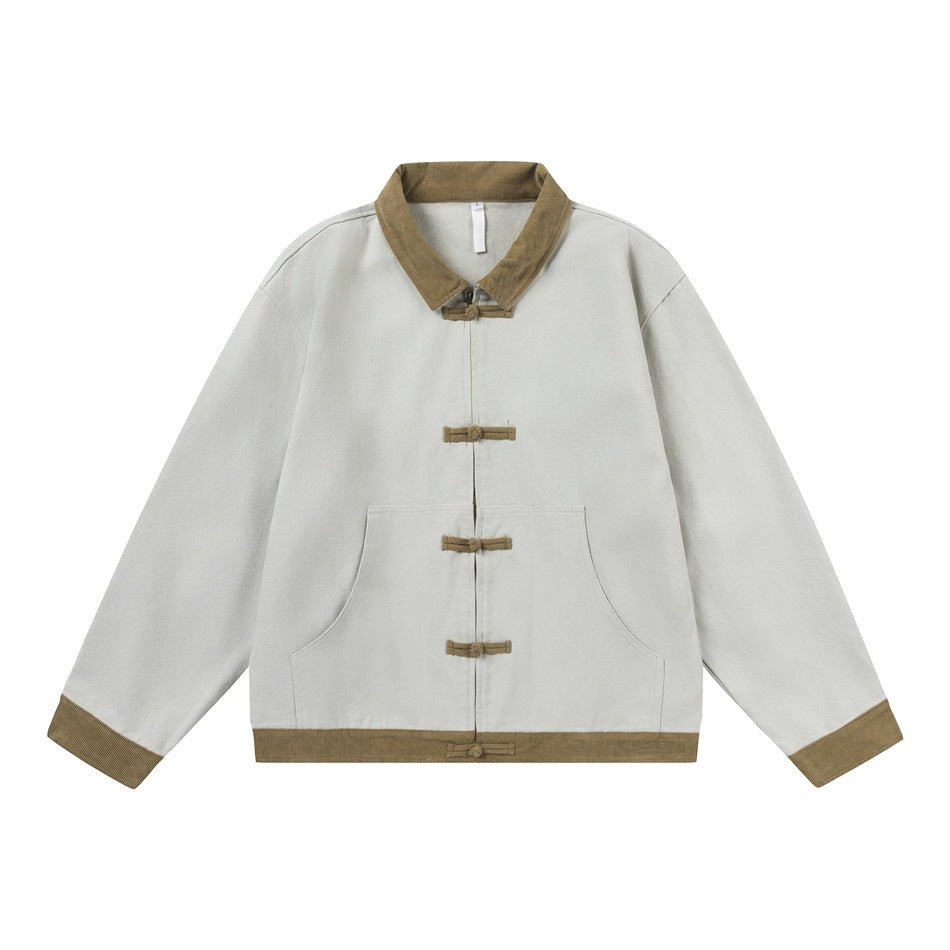 Grey-green jacket with khaki corduroy-look collar, cuffs and hem, frog-button front and patch pocket, flat lay