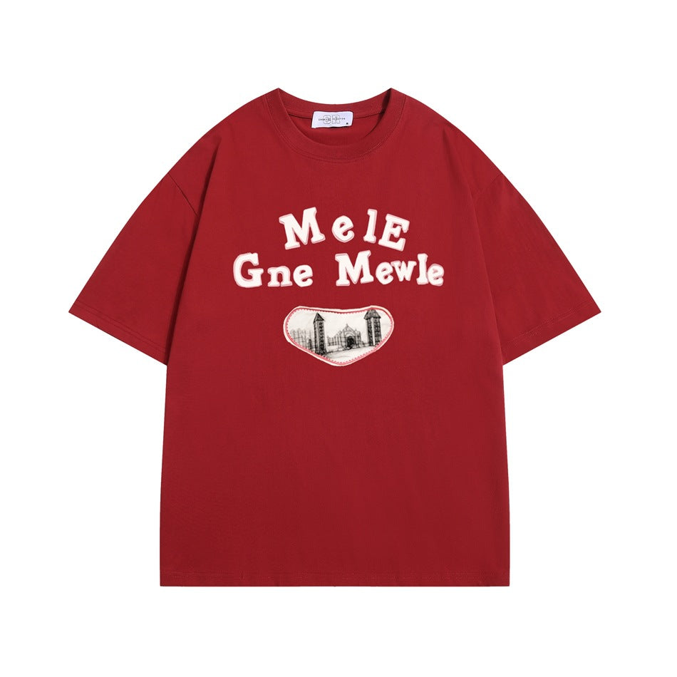 Red short-sleeve crew-neck T-shirt with white lettering and a gated building patch on the front