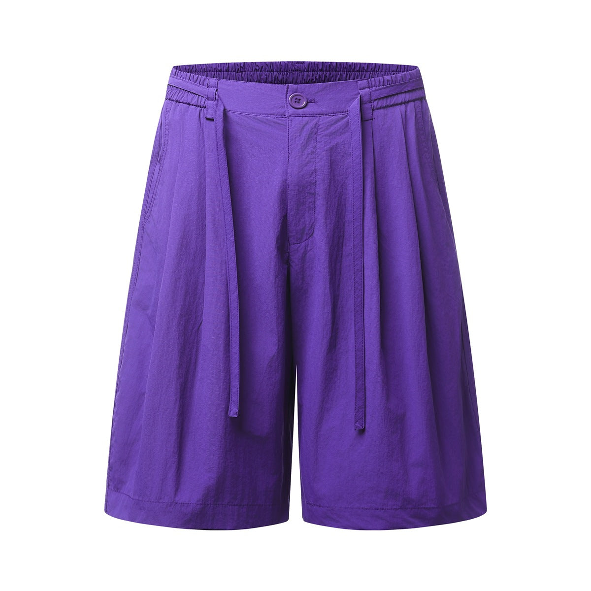 Purple wide-leg pleated knee-length shorts with elastic waist, button and long tie strips, flat front view