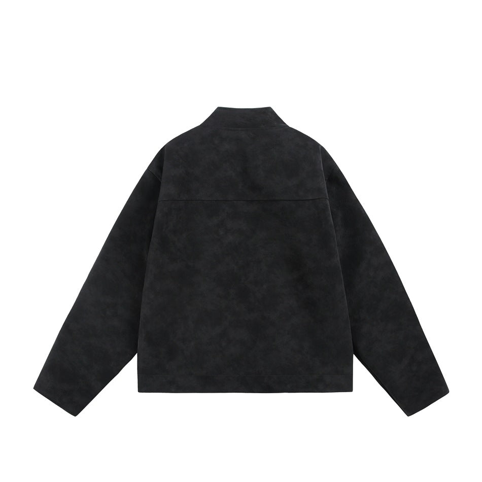 Back view of a black stand-collar jacket with long sleeves and a horizontal upper-back seam.