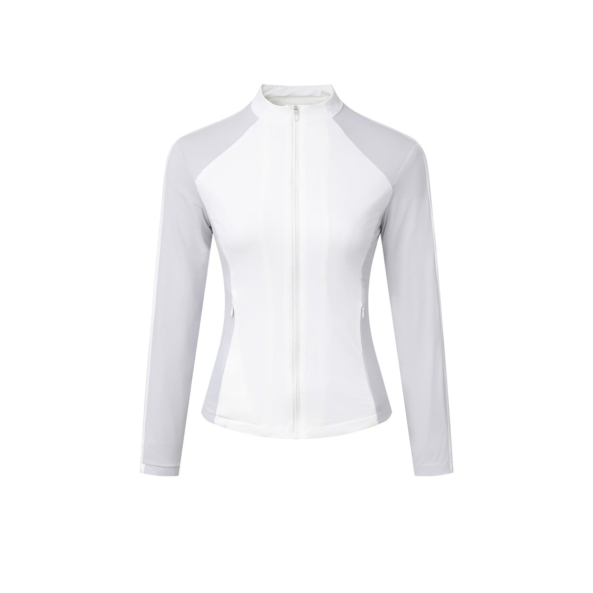 White zip-up jacket with light gray raglan sleeves and side panels, stand collar and hip zip pockets, front view