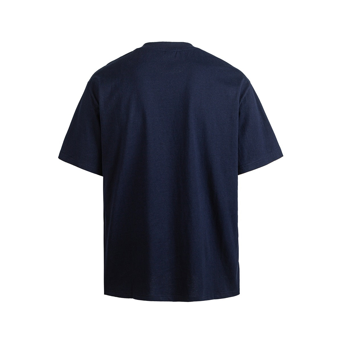 Back view of a plain navy short-sleeve crew-neck T-shirt.