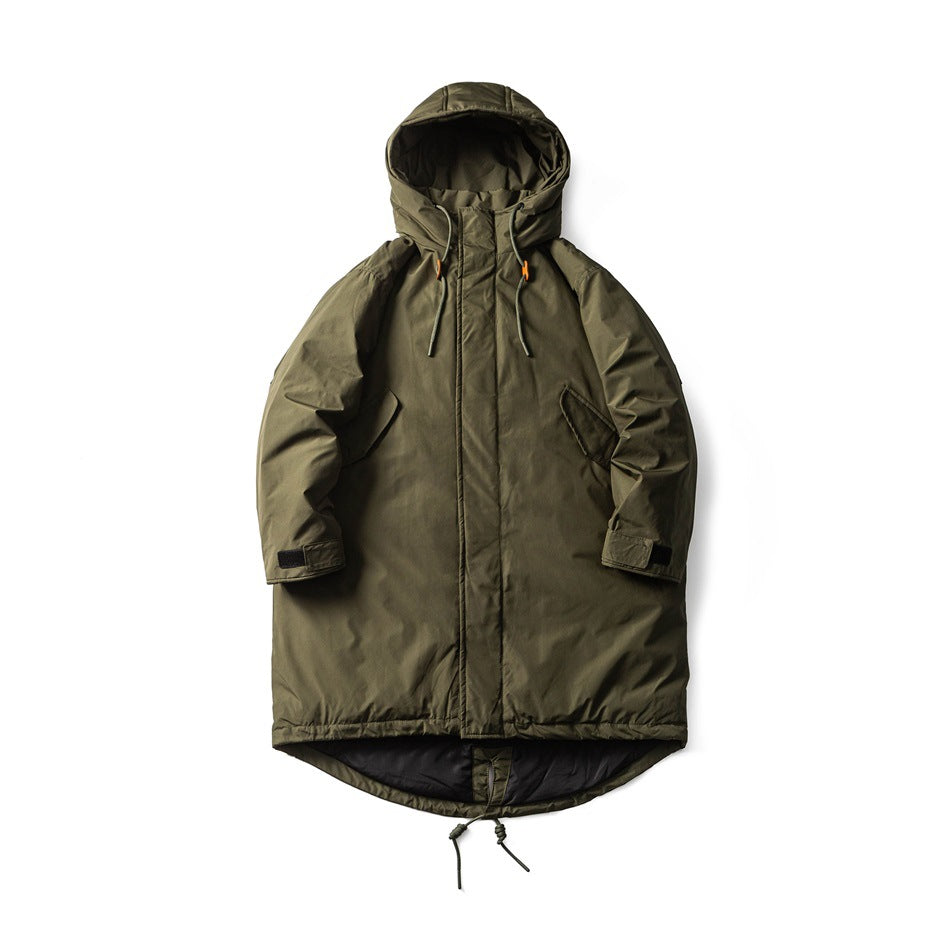 Army green hooded long parka jacket laid flat, front view, with drawcords, flap pockets and fishtail hem