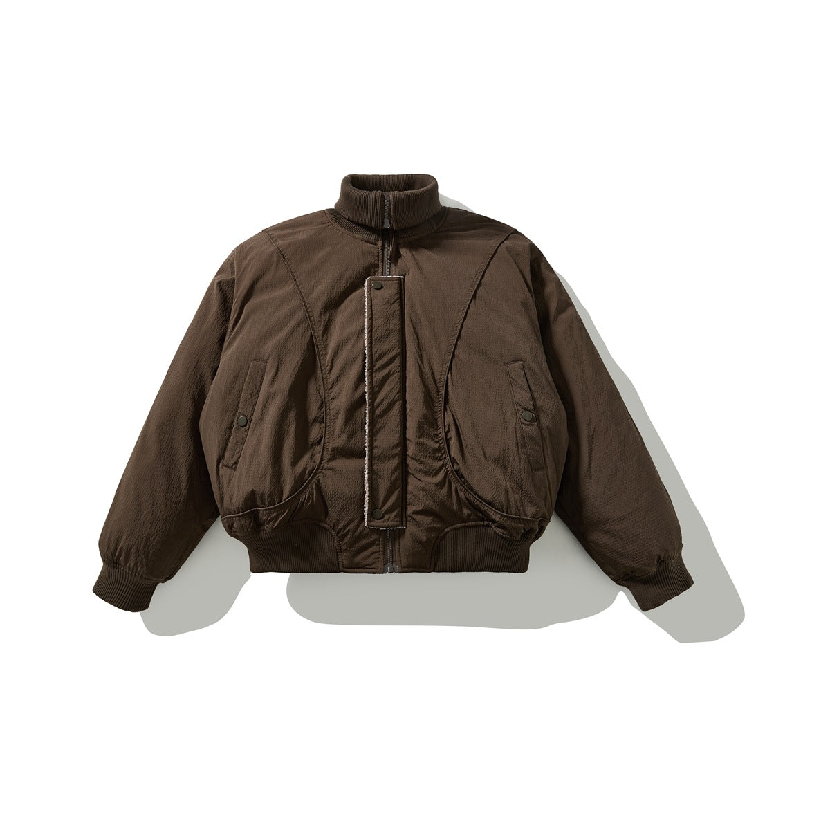 Front view of a dark brown jacket with a stand collar, zip closure, snap placket, and two pockets.