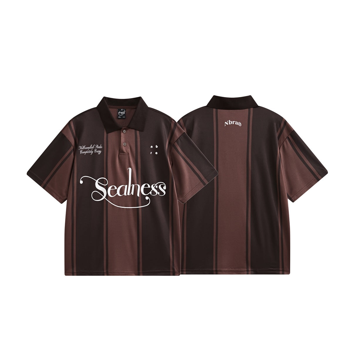 Dark brown short-sleeve striped polo shown from the front and back, with a collar, buttons and white lettering.