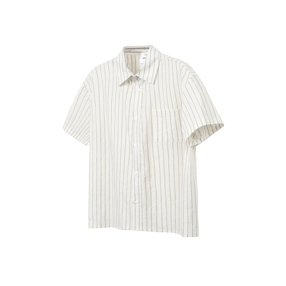 Cream short-sleeve button shirt with gray vertical pinstripes and a chest pocket, flat view on white background