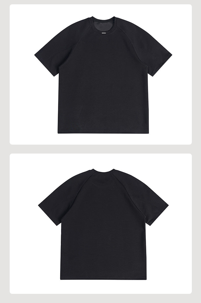 Plain black short-sleeve crew-neck T-shirt shown from the front and back, with raglan-style seams.