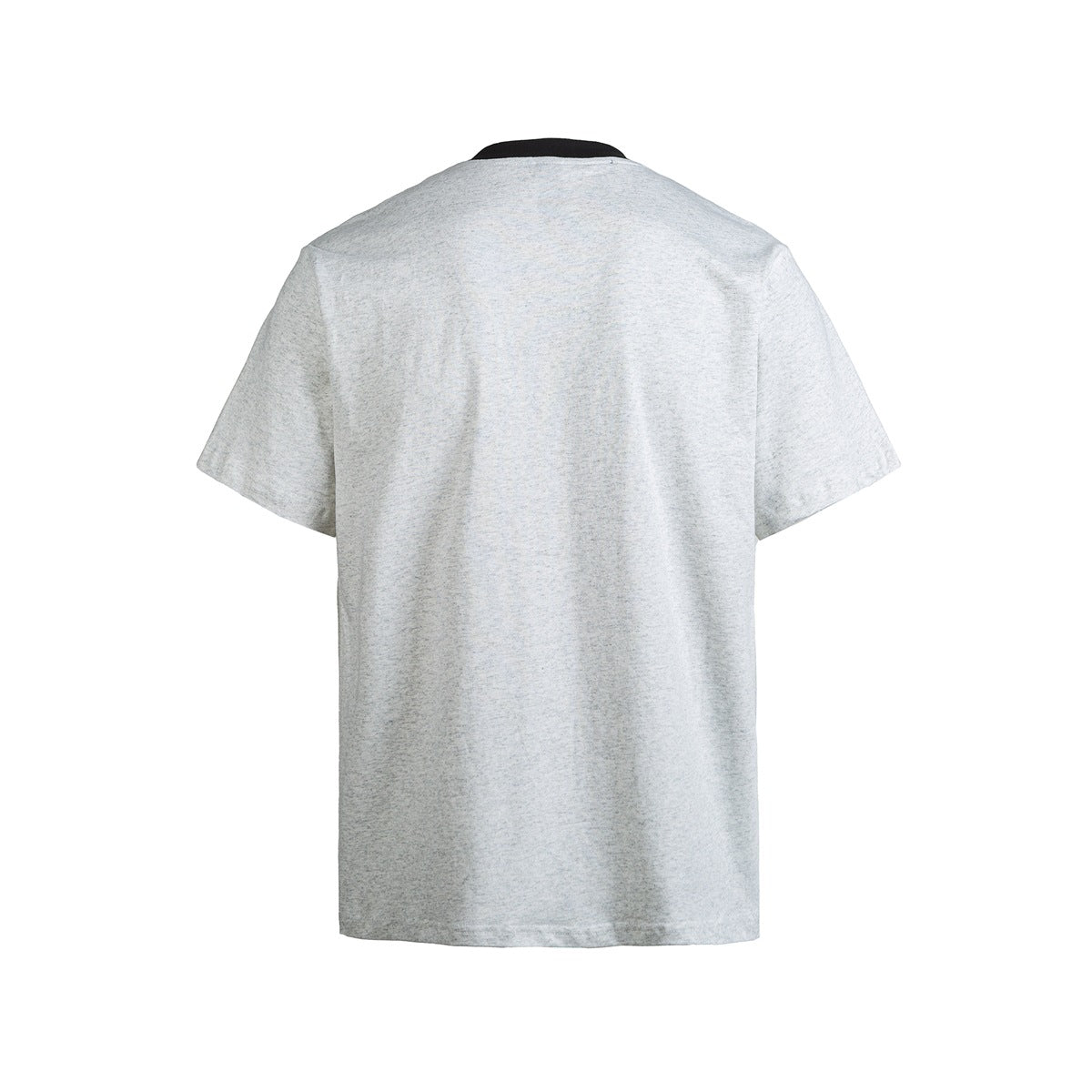 Back view of a heather-gray short-sleeve shirt with a black collar.