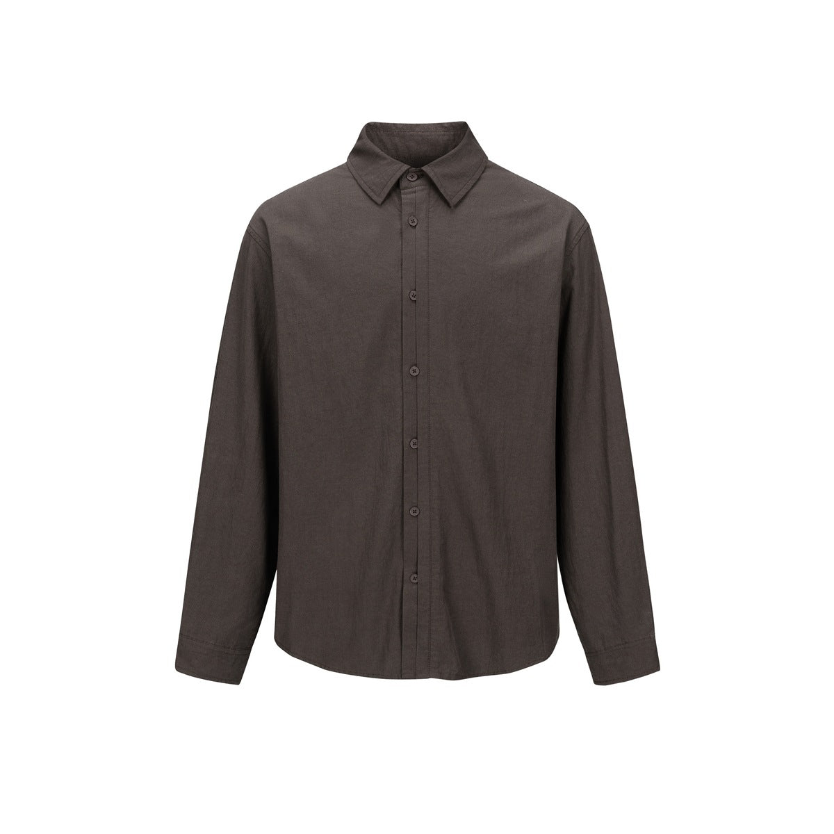 Brown long-sleeve button-up shirt with pointed collar, flat front view on white background