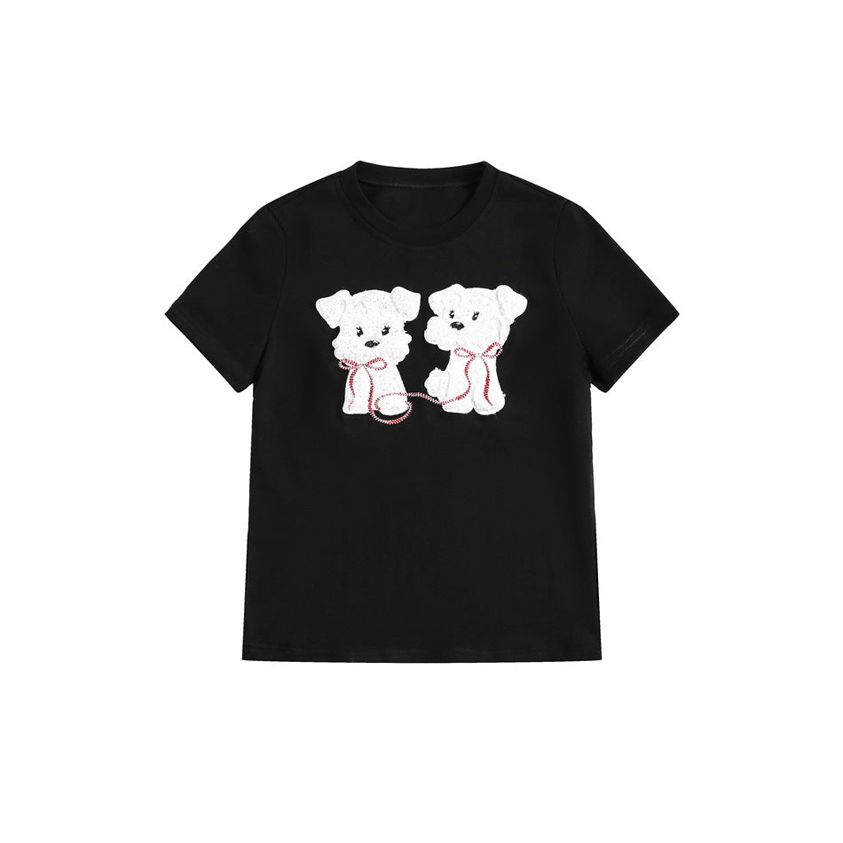 Front view of a black short-sleeve crew-neck T-shirt with two white teddy bear appliqués and red stitched details.
