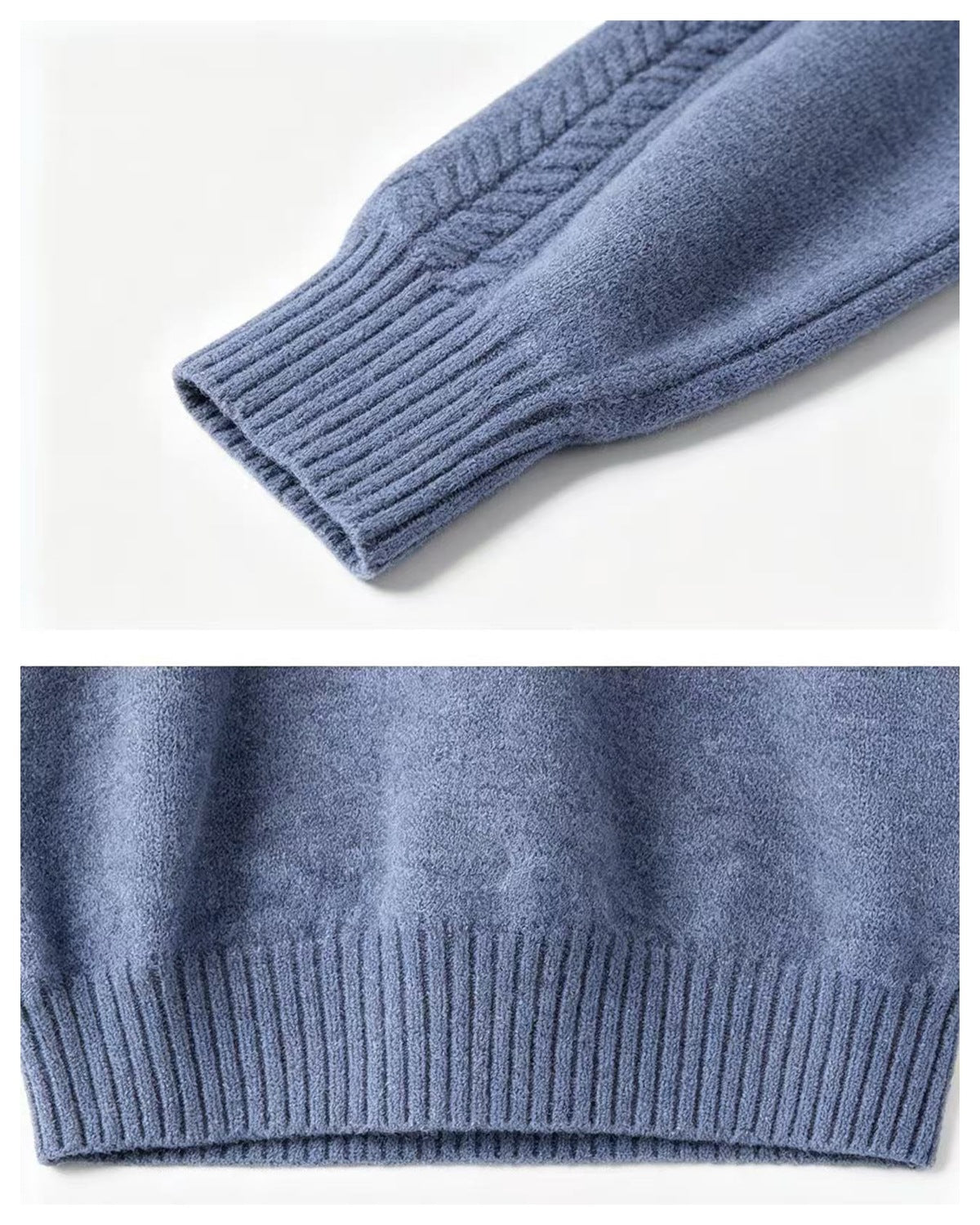 Close-up of a blue-gray sweater sleeve with a ribbed cuff and a ribbed hem.