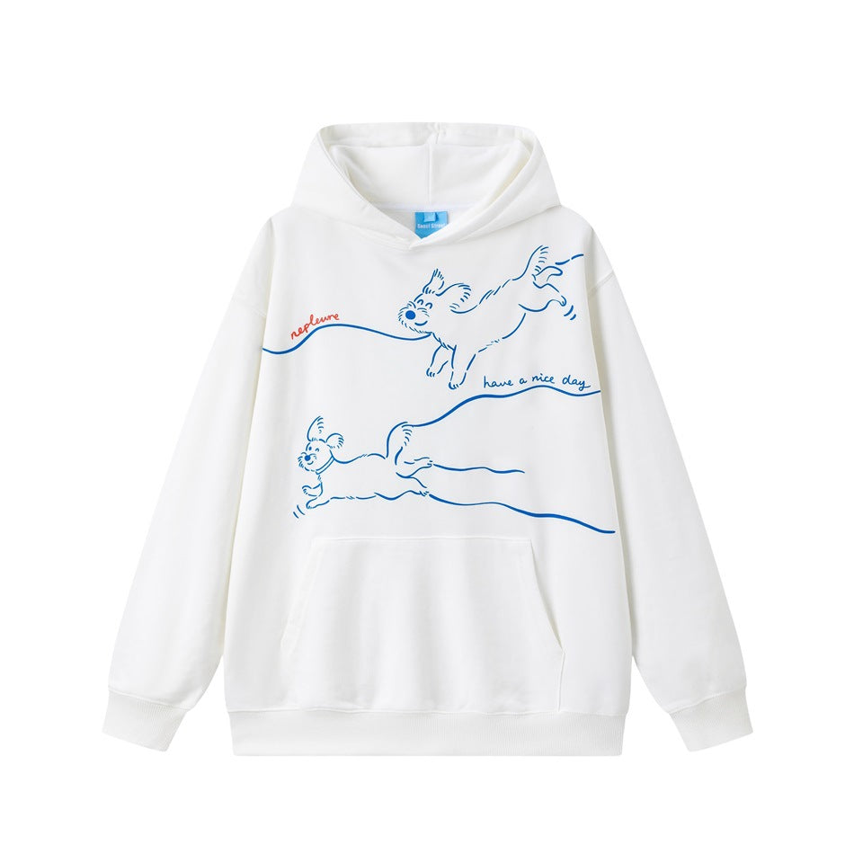 White pullover hoodie with kangaroo pocket and blue line-art running dogs print on the front