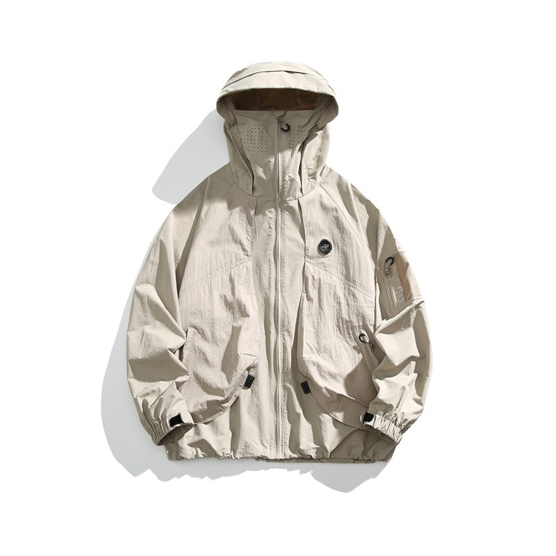Khaki hooded zip-up jacket flat lay with perforated collar panel and sleeve pocket