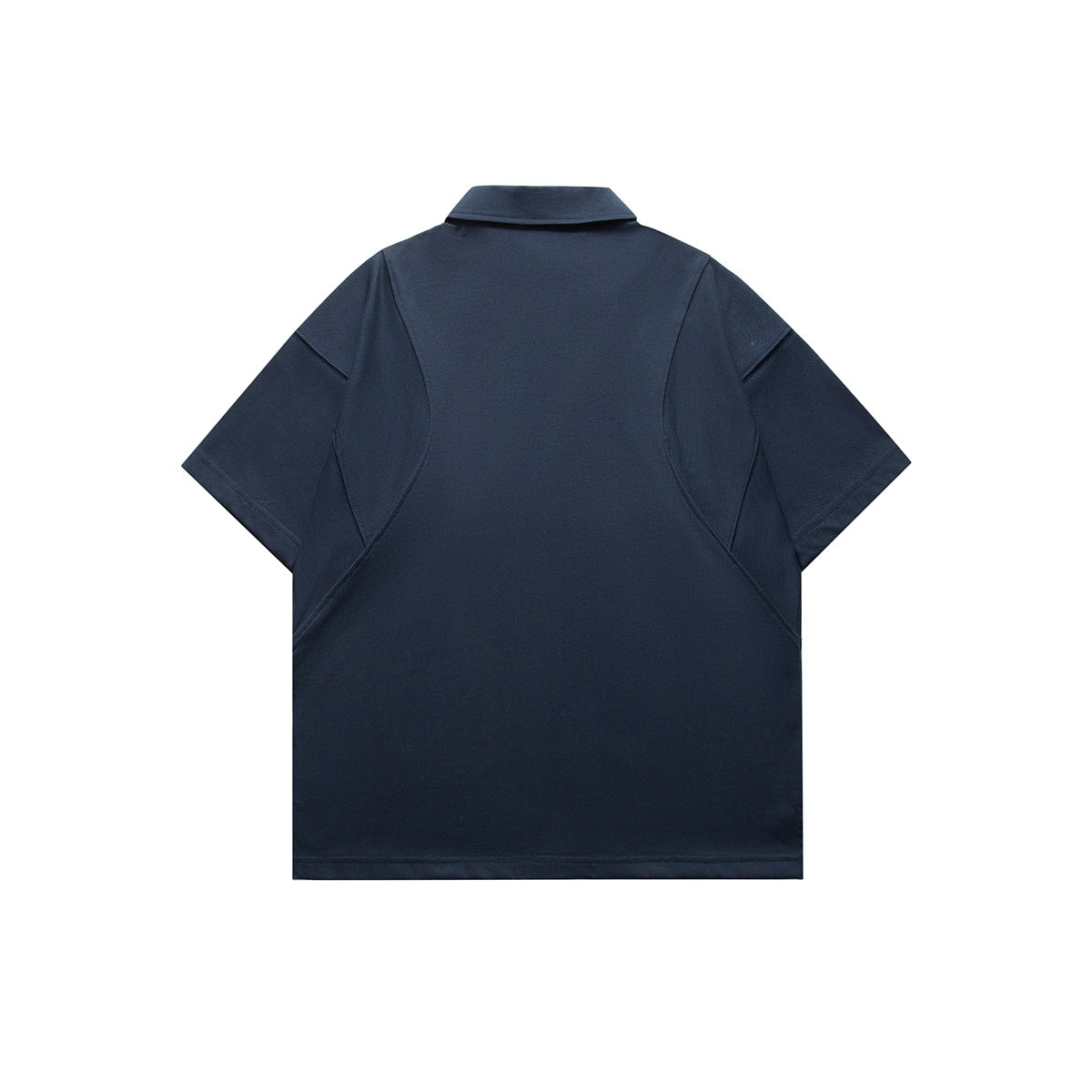 Navy blue short-sleeve polo shirt, back view, with a plain back and curved seam panels