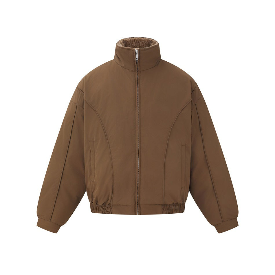 Dark brown zip-front jacket with stand collar, curved seams, side pockets and elastic hem on white background