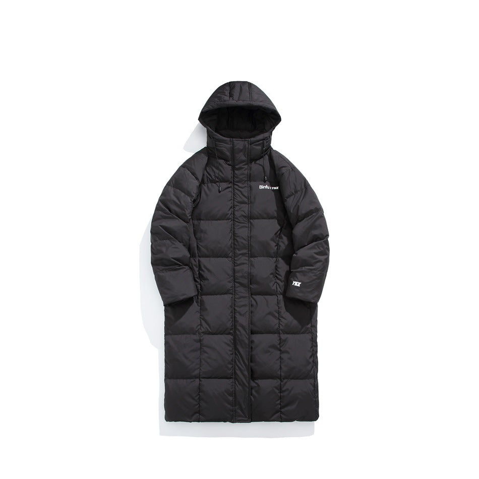 Front view of a long black hooded puffer coat displayed against a white background.