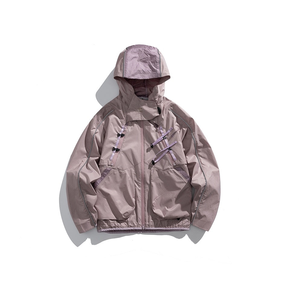 Pink-mauve hooded zip jacket with lilac chest straps, toggles and large front pockets, flat lay