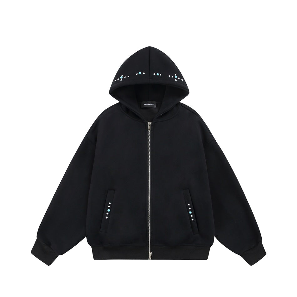 Black zip-up hoodie flat lay with turquoise and white beads on the hood edge and pocket openings