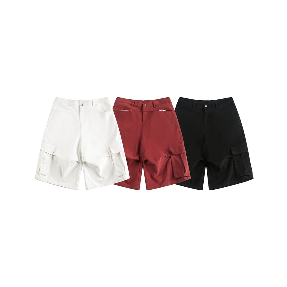 Front views of cargo shorts in white, burgundy, and black, each with side flap pockets.