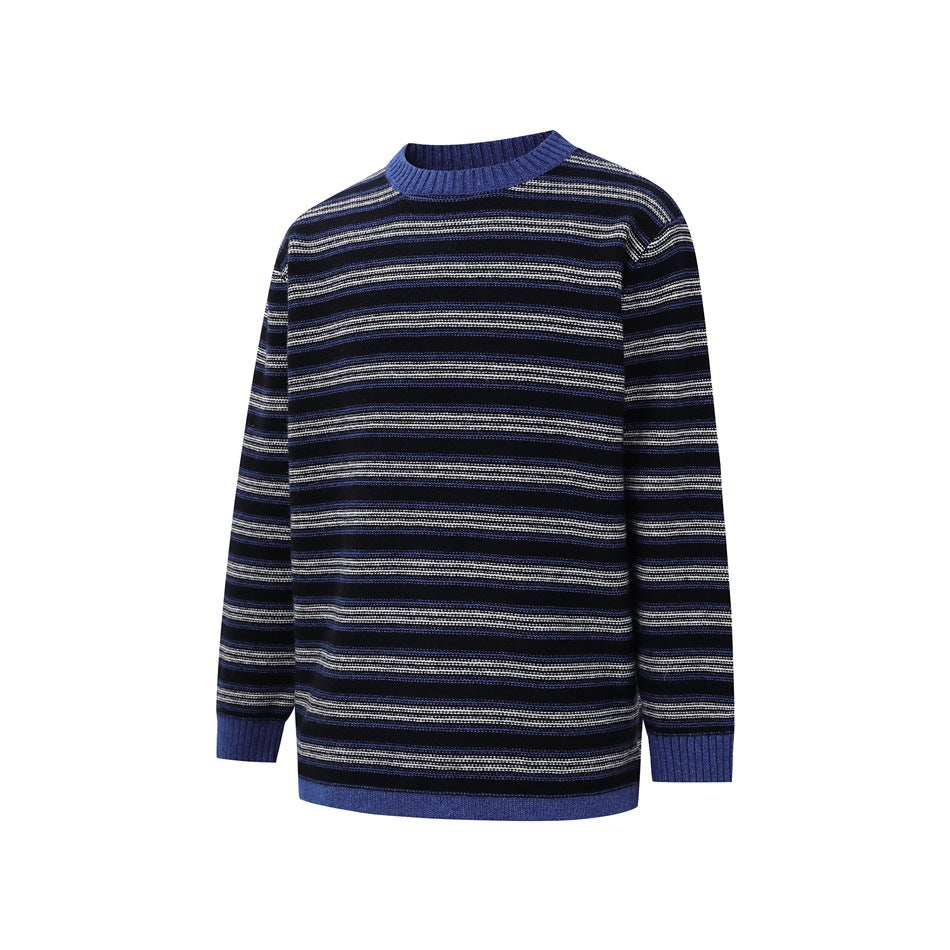 Front view of a navy sweater with blue, gray, and white horizontal stripes and blue ribbed trim.