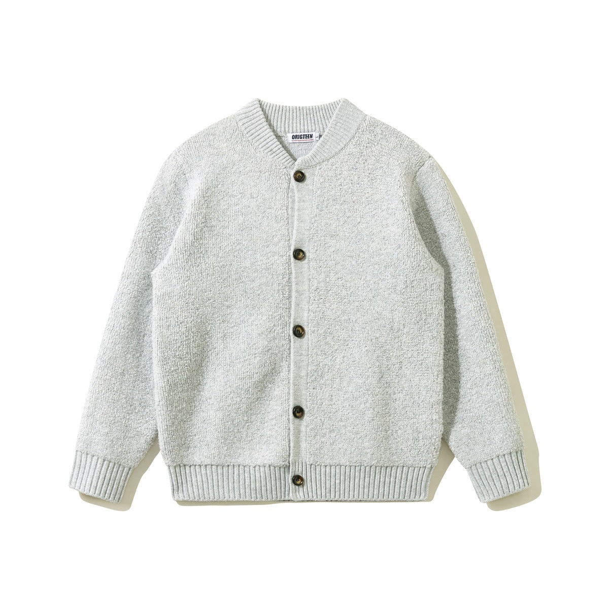 Light gray textured knit button-front cardigan with ribbed stand collar, cuffs and hem, flat front view